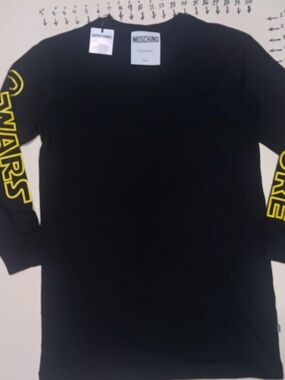 Moschino Mini Black Long-Sleeve Tee Dress Yellow Sleeve Logo